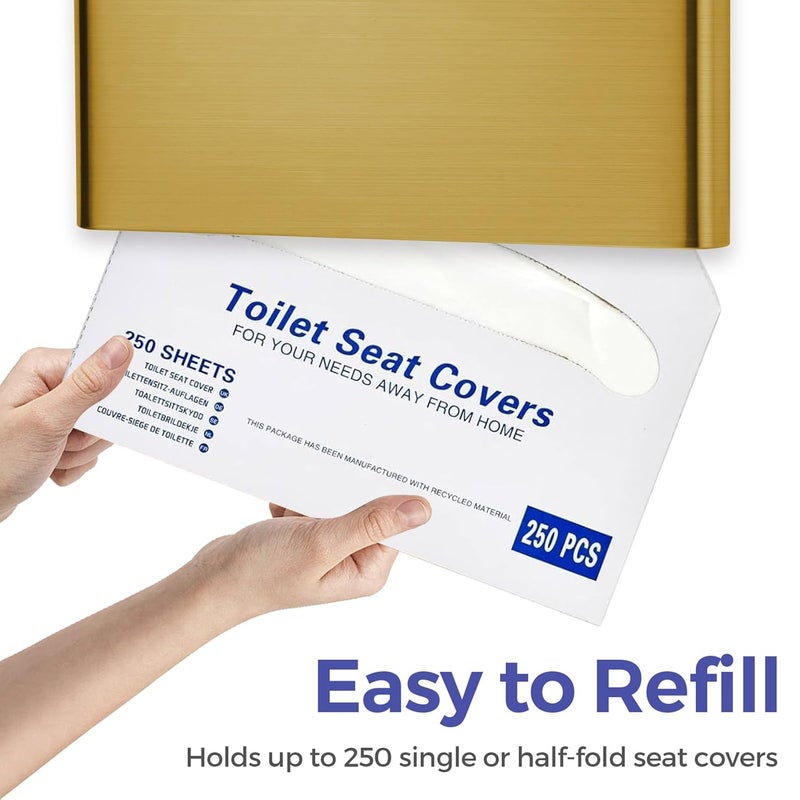 stardrix Slim Brushed Gold Stainless Steel Toilet Seat Cover Dispenser – Designer Wall-Mount Holder with Curved Edges and Large Capacity for Single or 1/2 Fold Covers, Aesthetic and Modern Look - Image 5